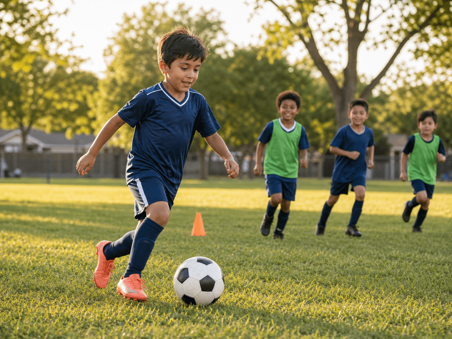 A young soccer player dribbling a ball during a neighborhood practice