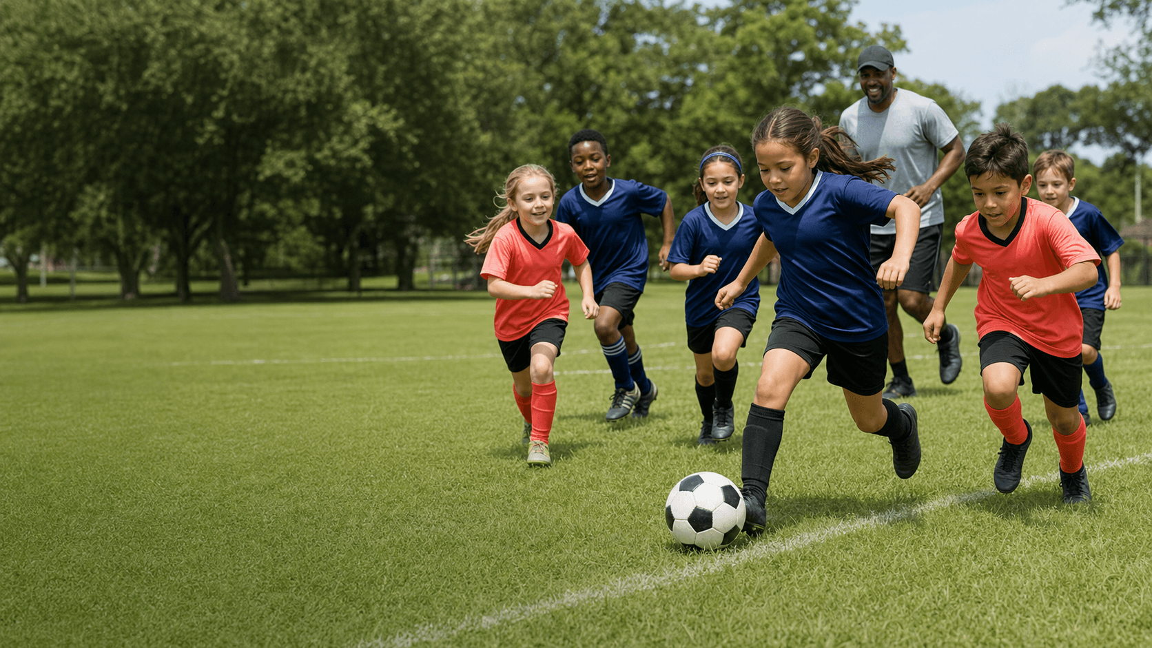 A diverse group of children playing soccer together at a neighborhood field